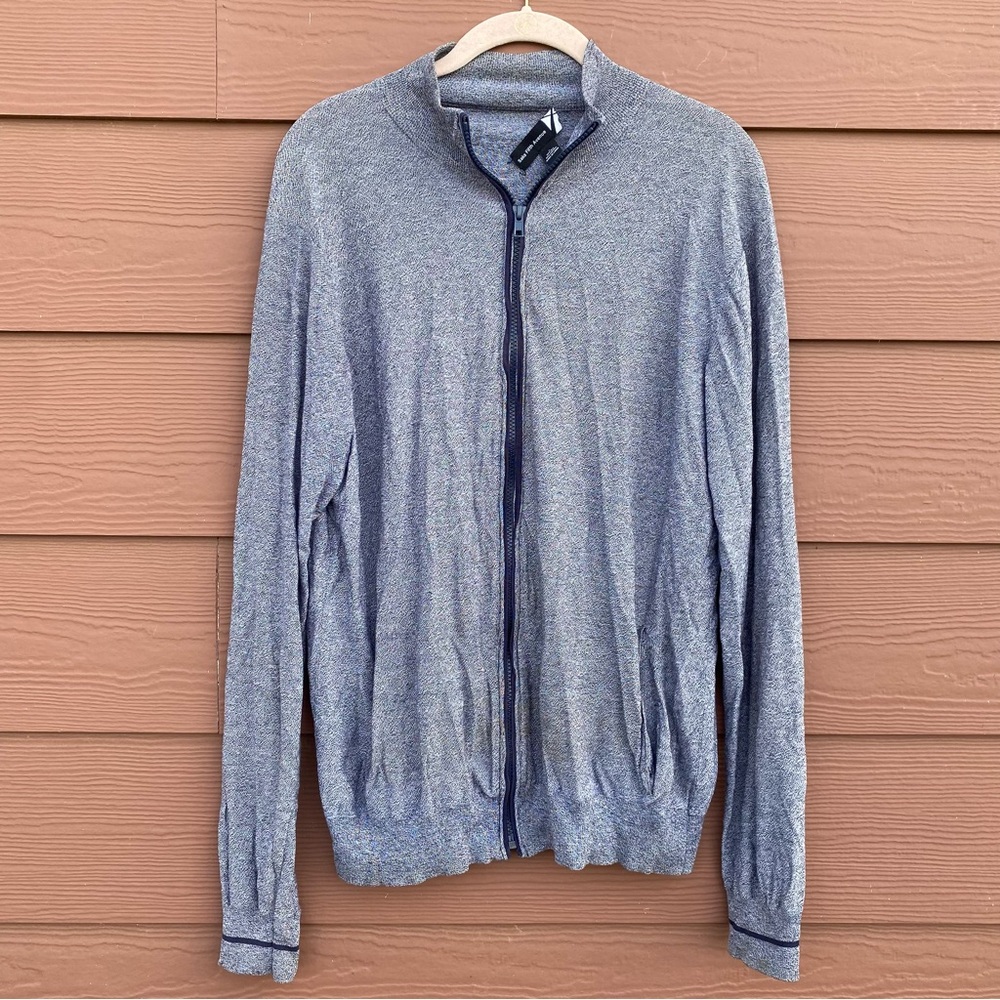 Saks Fifth Avenue Men's Silk Cotton Blend Zip Up Collared BlueGray Sweater Large